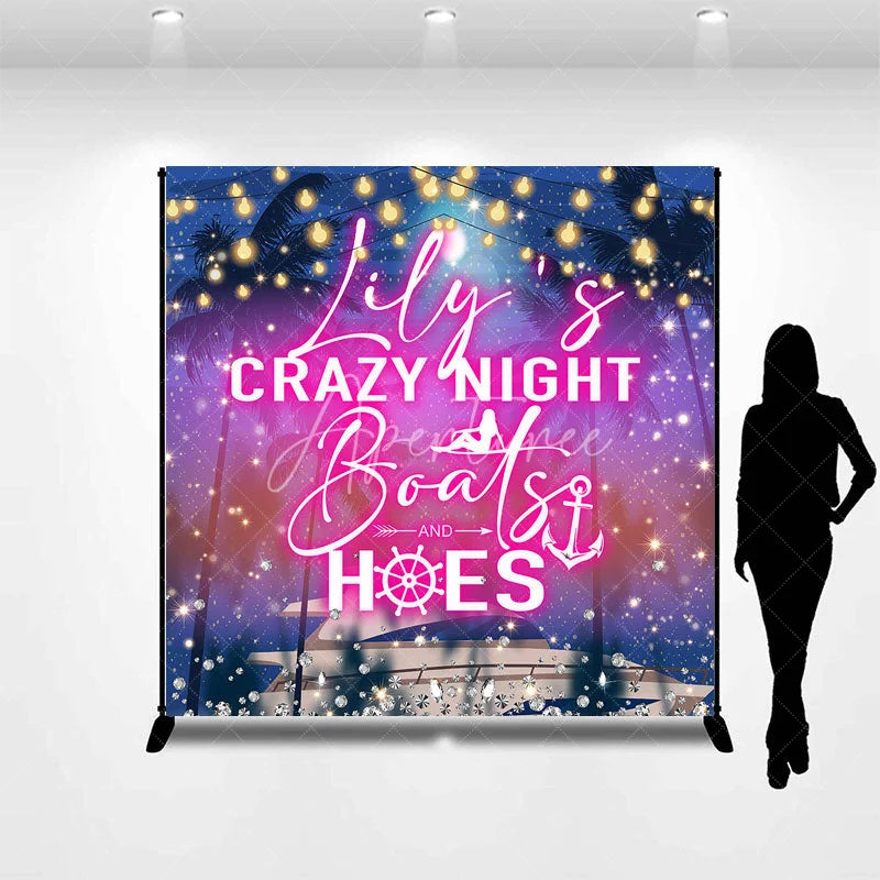 Aperturee - Aperturee Personalized Crazy Night Boat Party Custom Backdrop with Tropical Palm Trees and Glitter Lights