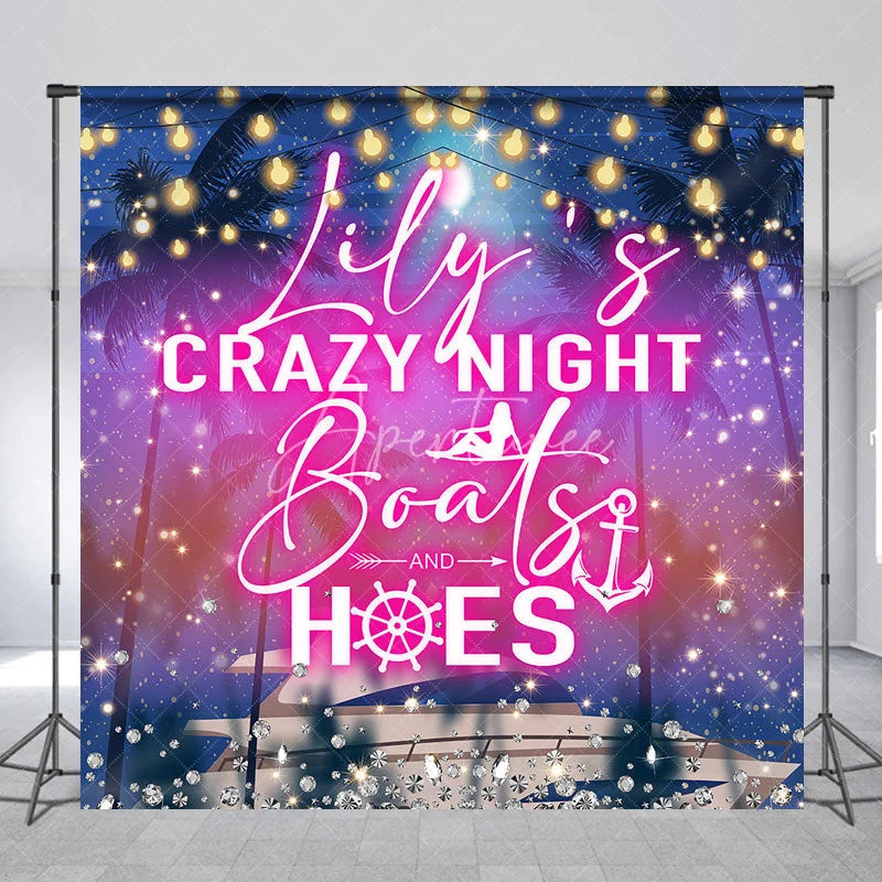 Aperturee - Aperturee Personalized Crazy Night Boat Party Custom Backdrop with Tropical Palm Trees and Glitter Lights