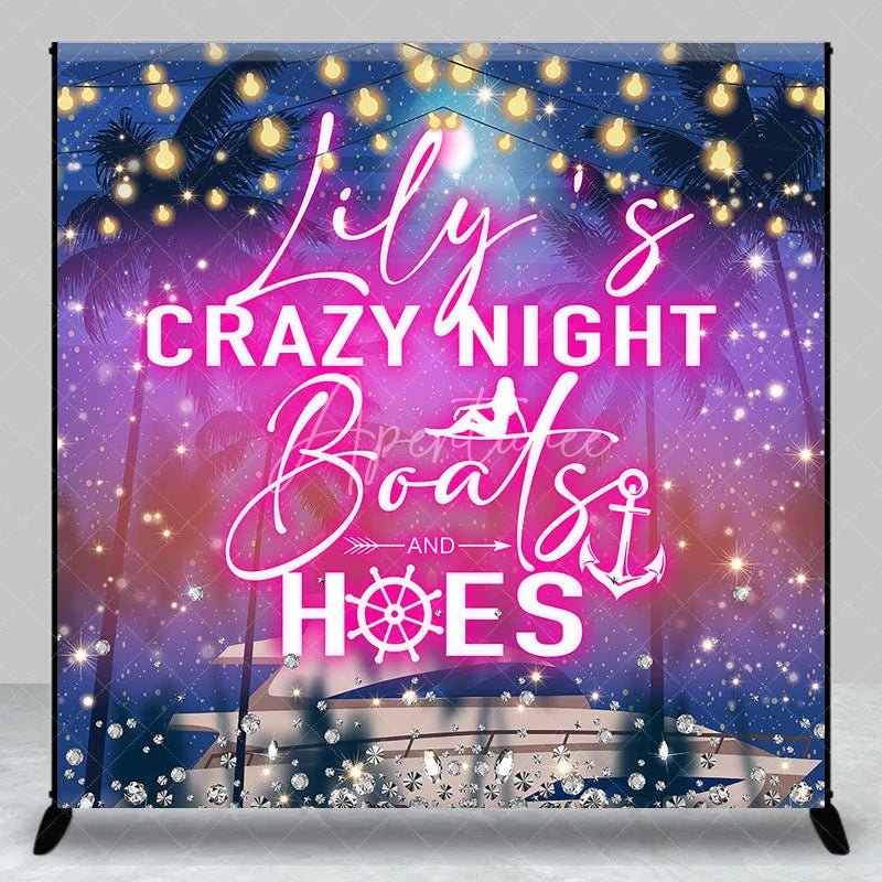 Aperturee - Aperturee Personalized Crazy Night Boat Party Custom Backdrop with Tropical Palm Trees and Glitter Lights