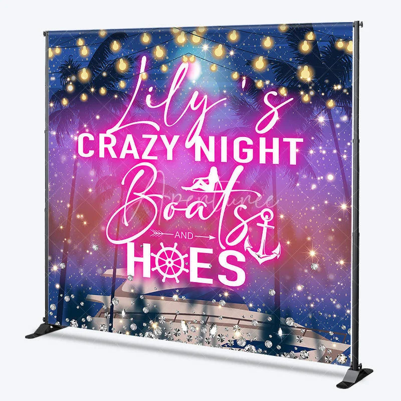 Aperturee - Aperturee Personalized Crazy Night Boat Party Custom Backdrop with Tropical Palm Trees and Glitter Lights