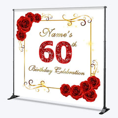 Aperturee - Aperturee Personalized Custom Red Roses Golden Frame Glitter 60th Birthday Celebration Backdrop Elegant Party Decor.