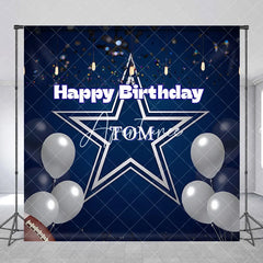 Aperturee - Aperturee Personalized Dark Blue Happy Birthday Sports Star Backdrop Custom Party Decor with Silver Balloons and Confetti.