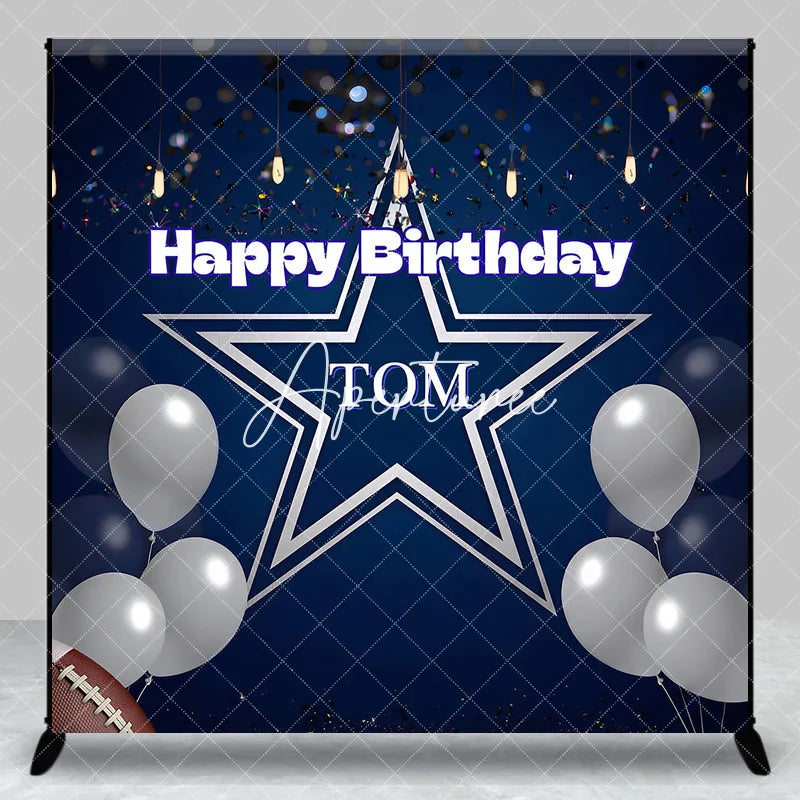 Aperturee - Aperturee Personalized Dark Blue Happy Birthday Sports Star Backdrop Custom Party Decor with Silver Balloons and Confetti.