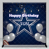 Aperturee - Aperturee Personalized Dark Blue Happy Birthday Sports Star Backdrop Custom Party Decor with Silver Balloons and Confetti.