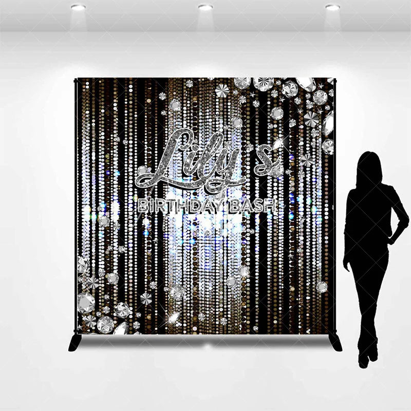 Aperturee - Aperturee Personalized Diamond Birthday Bash Backdrop Luxury Silver Glitter Glamour Party Banner