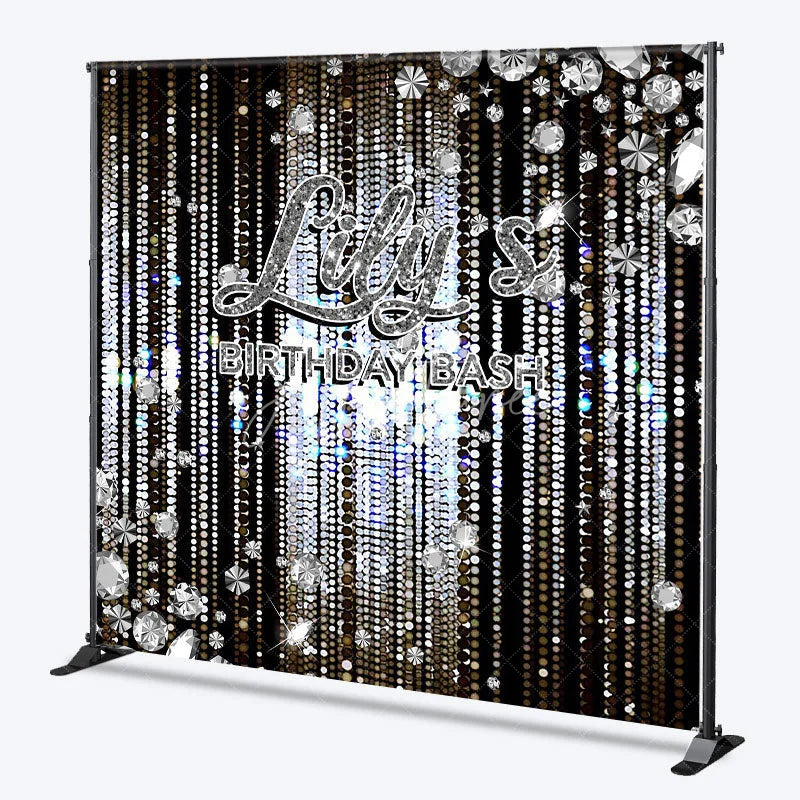 Aperturee - Aperturee Personalized Diamond Birthday Bash Backdrop Luxury Silver Glitter Glamour Party Banner