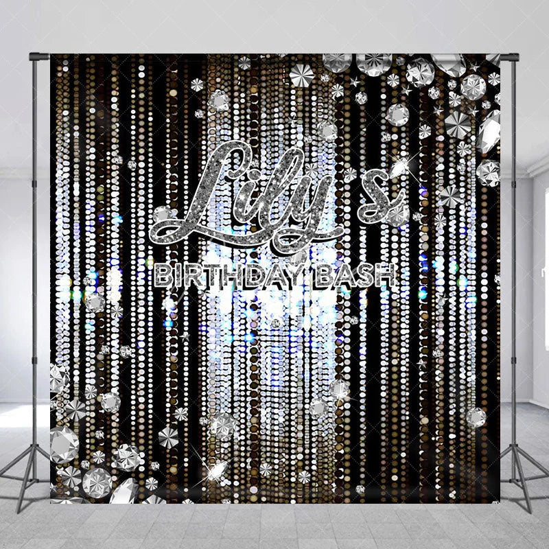 Aperturee - Aperturee Personalized Diamond Birthday Bash Backdrop Luxury Silver Glitter Glamour Party Banner