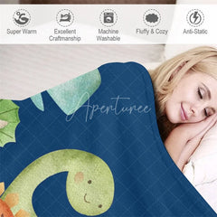 Aperturee - Aperturee Personalized Dinosaur Blanket for Boys with Custom Name Cute Watercolor Dinos on Navy Blue Nursery Baby Shower Gift