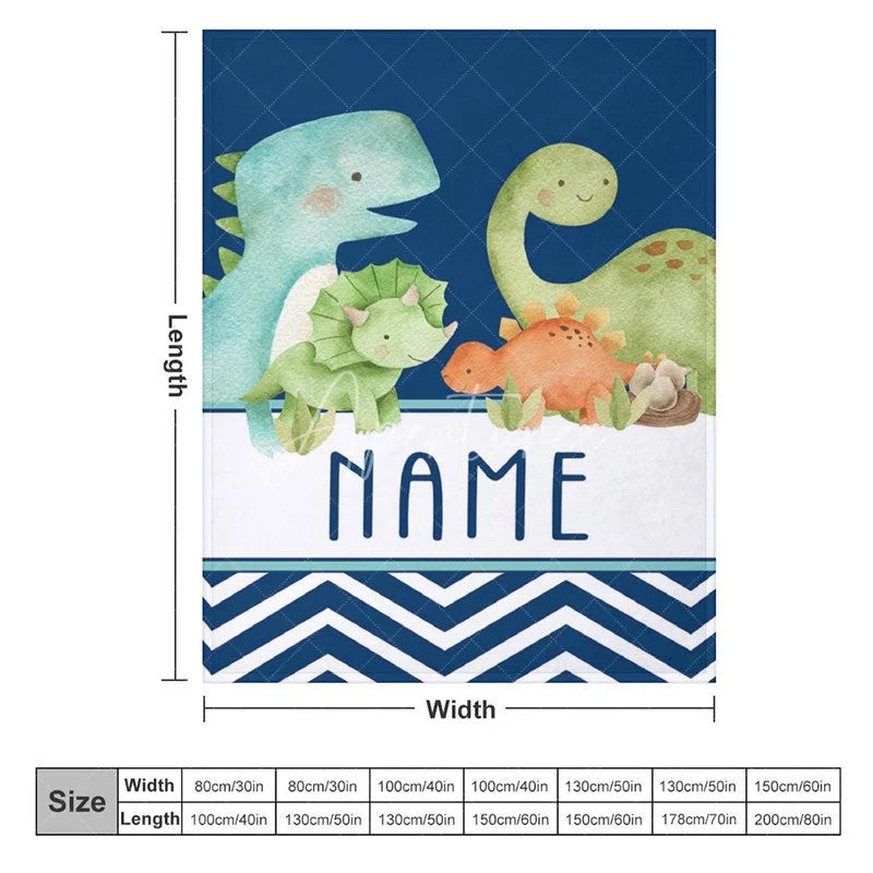 Aperturee - Aperturee Personalized Dinosaur Blanket for Boys with Custom Name Cute Watercolor Dinos on Navy Blue Nursery Baby Shower Gift