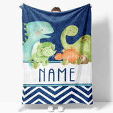 Aperturee - Aperturee Personalized Dinosaur Blanket for Boys with Custom Name Cute Watercolor Dinos on Navy Blue Nursery Baby Shower Gift