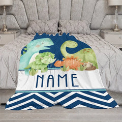 Aperturee - Aperturee Personalized Dinosaur Blanket for Boys with Custom Name Cute Watercolor Dinos on Navy Blue Nursery Baby Shower Gift