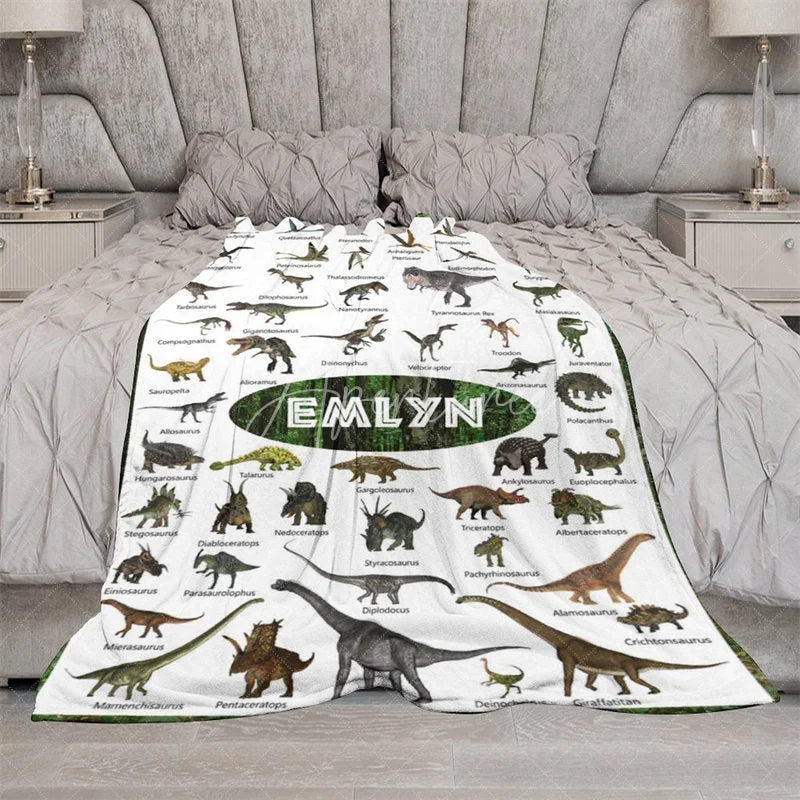 Aperturee - Aperturee Personalized Dinosaur Blanket with Custom Name Educational Chart with Realistic Dinos Gift for Boys and Girls