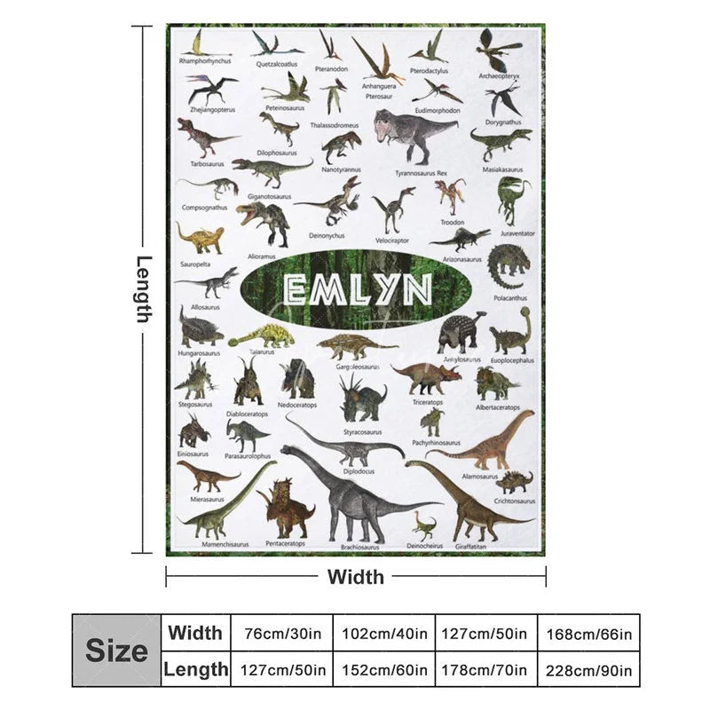 Aperturee - Aperturee Personalized Dinosaur Blanket with Custom Name Educational Chart with Realistic Dinos Gift for Boys and Girls