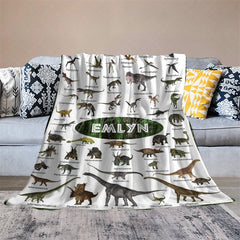 Aperturee - Aperturee Personalized Dinosaur Blanket with Custom Name Educational Chart with Realistic Dinos Gift for Boys and Girls