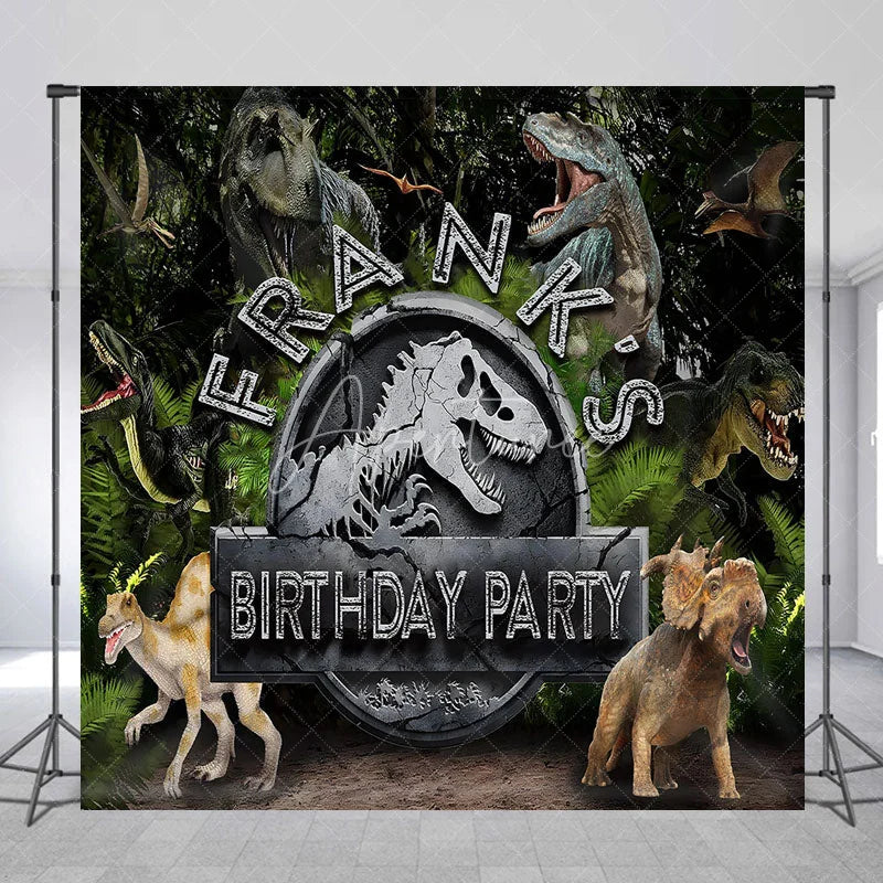 Aperturee - Aperturee Personalized Dinosaur Custom Birthday Backdrop Jurassic World Style T-Rex Jungle Forest Party Decoration