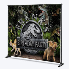 Aperturee - Aperturee Personalized Dinosaur Custom Birthday Backdrop Jurassic World Style T-Rex Jungle Forest Party Decoration