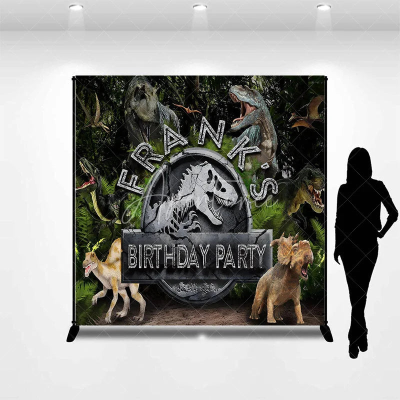 Aperturee - Aperturee Personalized Dinosaur Custom Birthday Backdrop Jurassic World Style T-Rex Jungle Forest Party Decoration