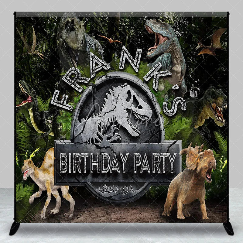 Aperturee - Aperturee Personalized Dinosaur Custom Birthday Backdrop Jurassic World Style T-Rex Jungle Forest Party Decoration