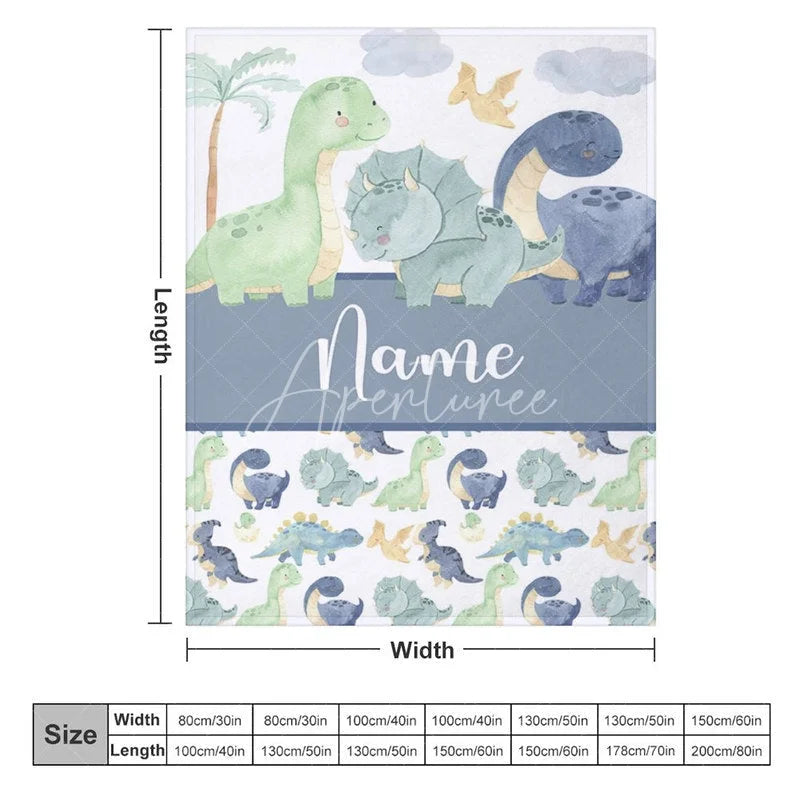Aperturee - Aperturee Personalized Dinosaur Name Blanket for Boys Cute Watercolor Dino Pattern Custom Nursery Bedding Baby Shower Gift