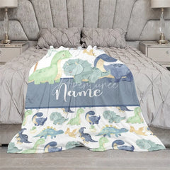 Aperturee - Aperturee Personalized Dinosaur Name Blanket for Boys Cute Watercolor Dino Pattern Custom Nursery Bedding Baby Shower Gift