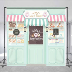 Aperturee - Aperturee Personalized Donut Shoppe Birthday Backdrop Custom Name Pastry Storefront Two Sweet Party Photo Booth Decor