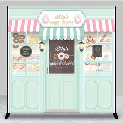 Aperturee - Aperturee Personalized Donut Shoppe Birthday Backdrop Custom Name Pastry Storefront Two Sweet Party Photo Booth Decor