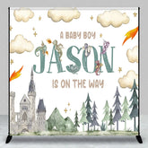 Aperturee - Aperturee Personalized Dragon and Castle Baby Boy Backdrop Custom Name Watercolor Forest Party Banner
