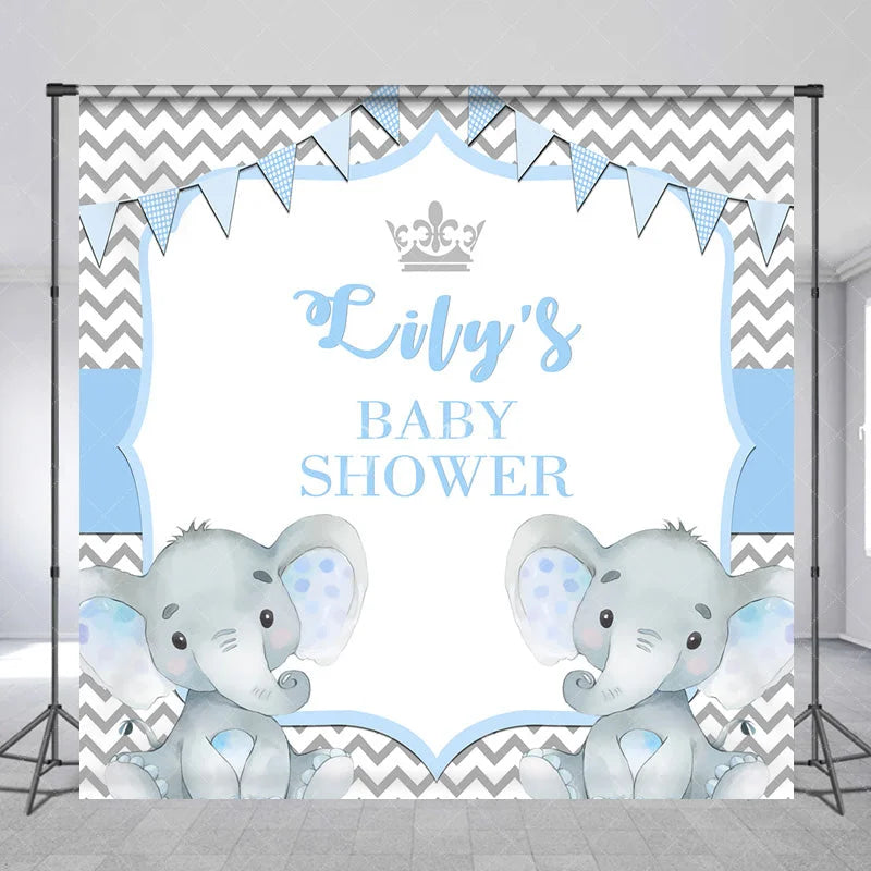 Aperturee - Aperturee Personalized Elephant Baby Shower Backdrop Blue Little Peanut Grey Chevron Party Supplies for Boy