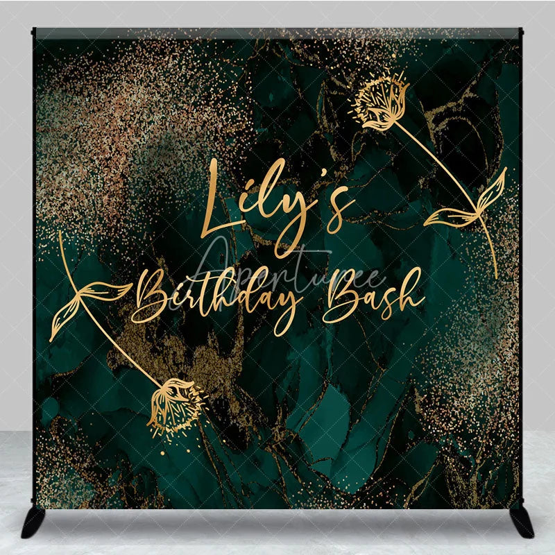 Aperturee - Aperturee Personalized Emerald and Gold Birthday Bash Backdrop Elegant Abstract Marble Custom Name Modern Party Decor