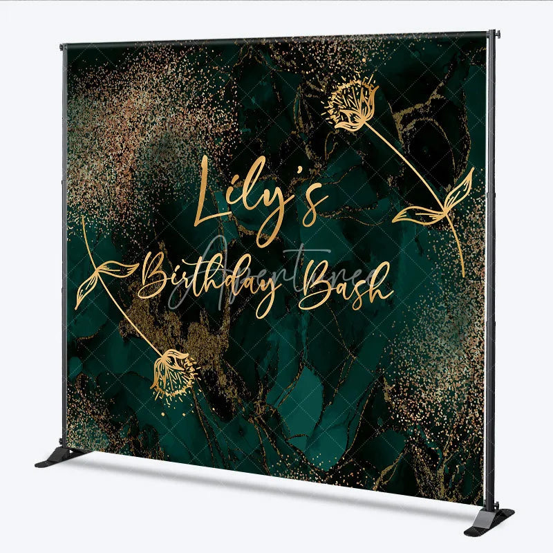 Aperturee - Aperturee Personalized Emerald and Gold Birthday Bash Backdrop Elegant Abstract Marble Custom Name Modern Party Decor