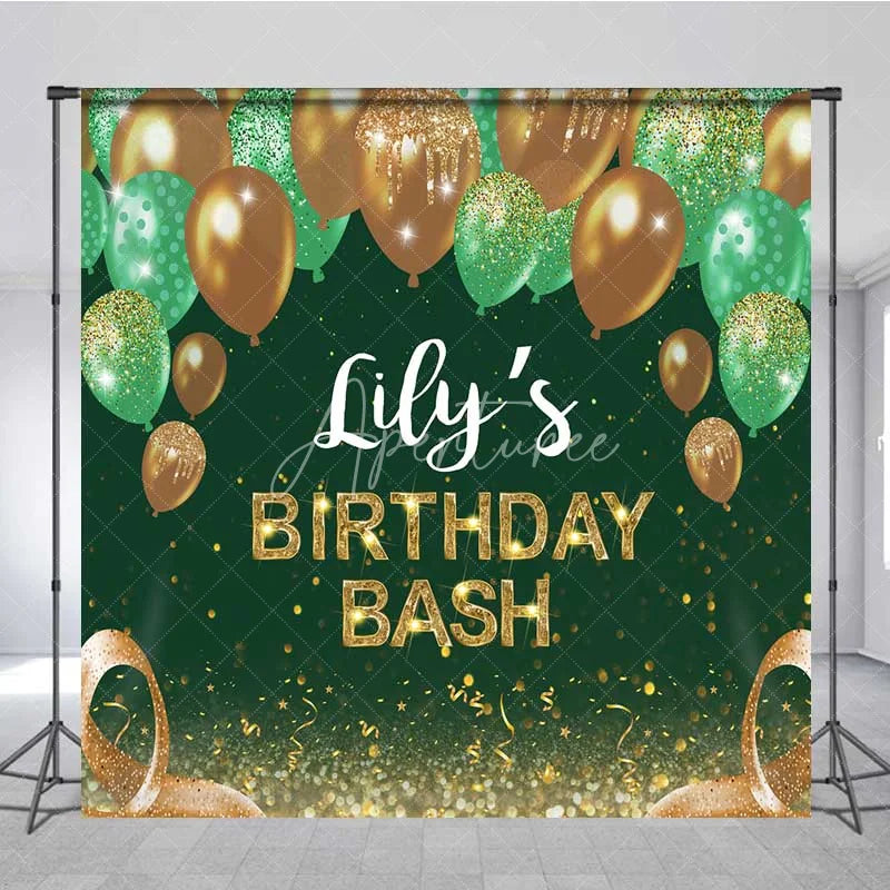 Aperturee - Aperturee Personalized Emerald Green Custom Birthday Backdrop Gold Balloons Glitter Men Women Party Photography Background