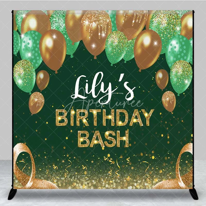 Aperturee - Aperturee Personalized Emerald Green Custom Birthday Backdrop Gold Balloons Glitter Men Women Party Photography Background