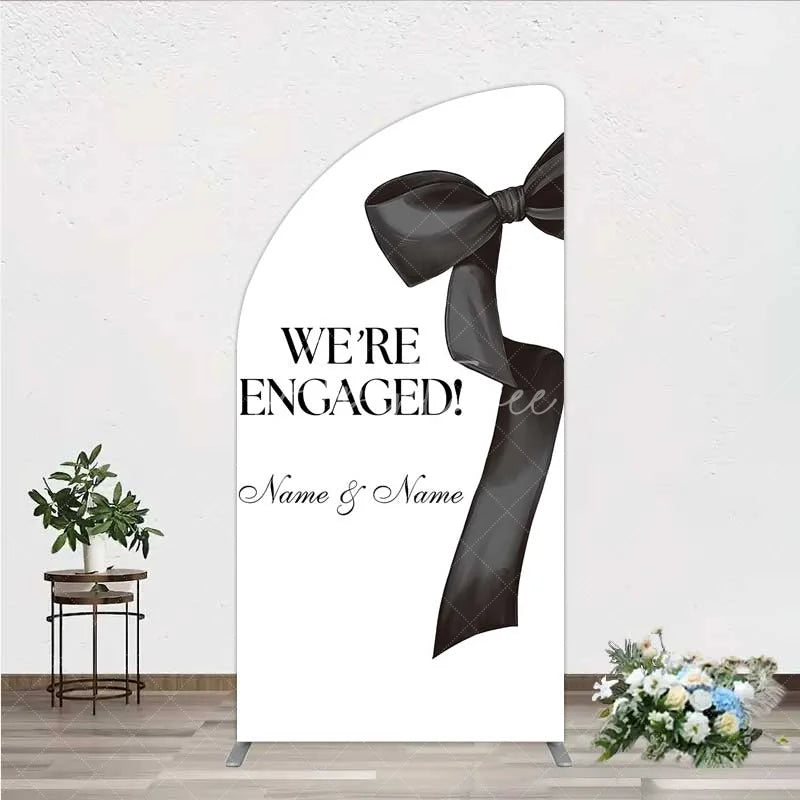 Aperturee - Aperturee Personalized Engagement Half Moon Arch Backdrop Black Bow Minimalist Wedding Sign Decoration