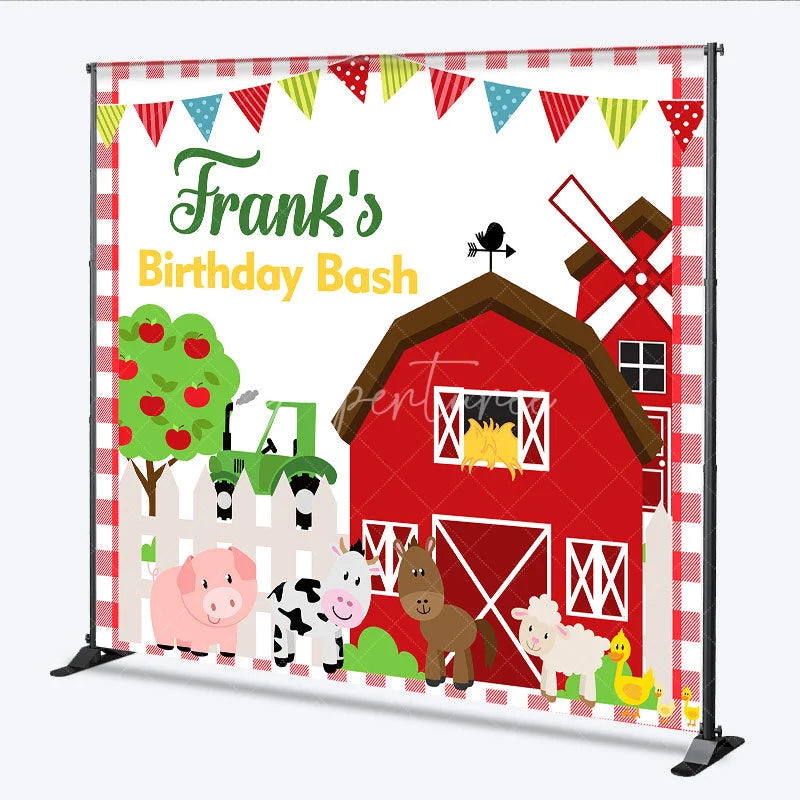 Aperturee - Aperturee Personalized Farm Animals Birthday Bash Backdrop Red Barnyard and Tractor Theme Custom Name Party for Boy