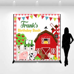 Aperturee - Aperturee Personalized Farm Animals Birthday Bash Backdrop Red Barnyard and Tractor Theme Custom Name Party for Boy