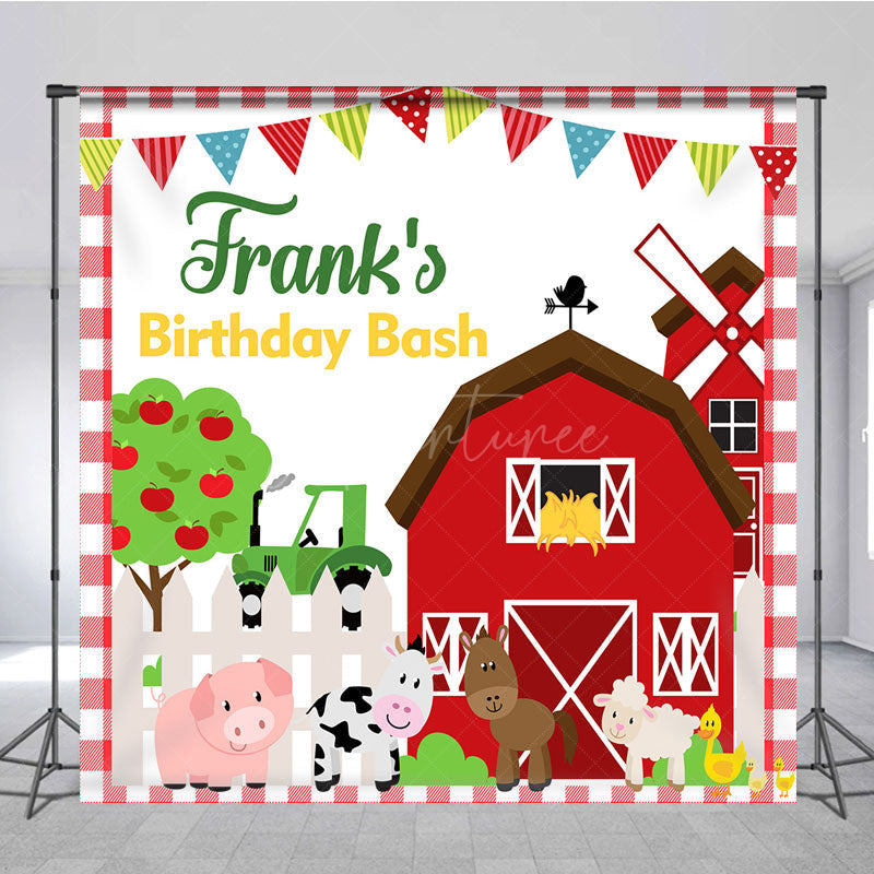 Aperturee - Aperturee Personalized Farm Animals Birthday Bash Backdrop Red Barnyard and Tractor Theme Custom Name Party for Boy