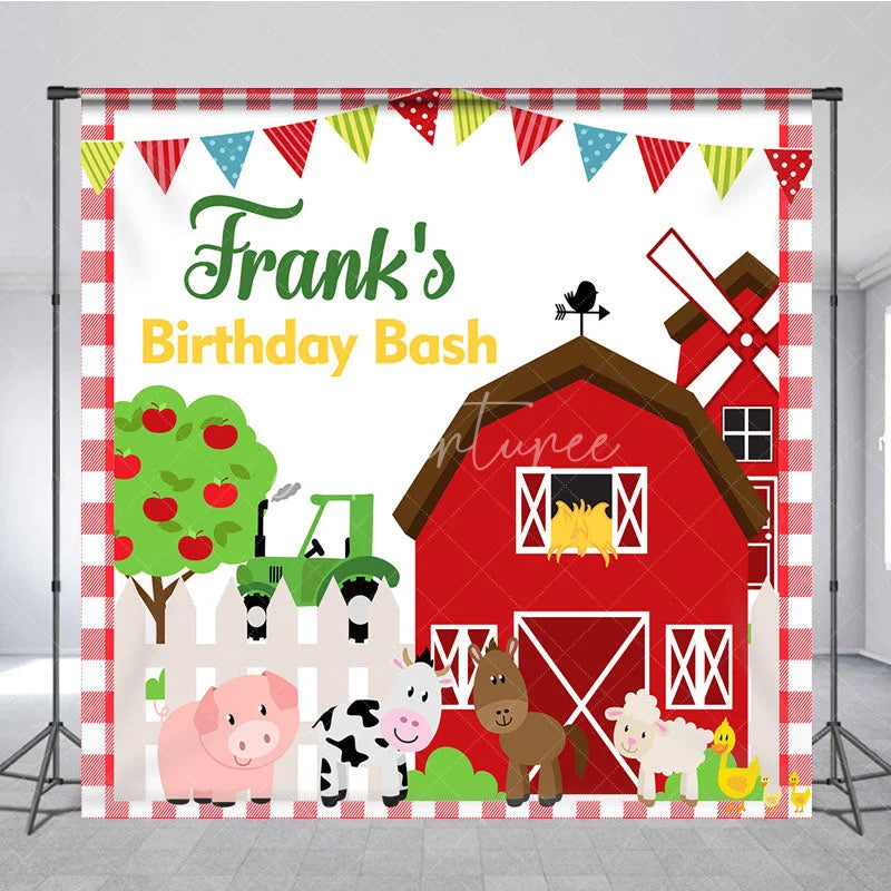 Aperturee - Aperturee Personalized Farm Animals Birthday Bash Backdrop Red Barnyard and Tractor Theme Custom Name Party for Boy