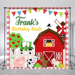 Aperturee - Aperturee Personalized Farm Animals Birthday Bash Backdrop Red Barnyard and Tractor Theme Custom Name Party for Boy