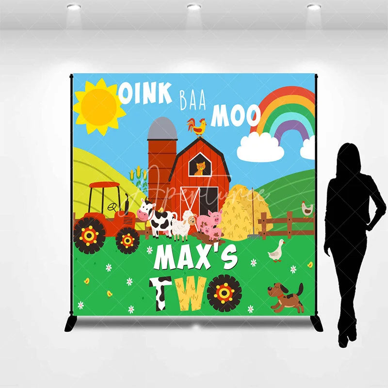 Aperturee - Aperturee Personalized Farm Barnyard Animals Custom Backdrop with Oink Baa Moo Second Birthday Party Decor
