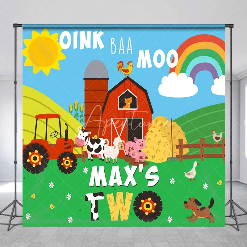 Aperturee - Aperturee Personalized Farm Barnyard Animals Custom Backdrop with Oink Baa Moo Second Birthday Party Decor