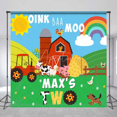 Aperturee - Aperturee Personalized Farm Barnyard Animals Custom Backdrop with Oink Baa Moo Second Birthday Party Decor