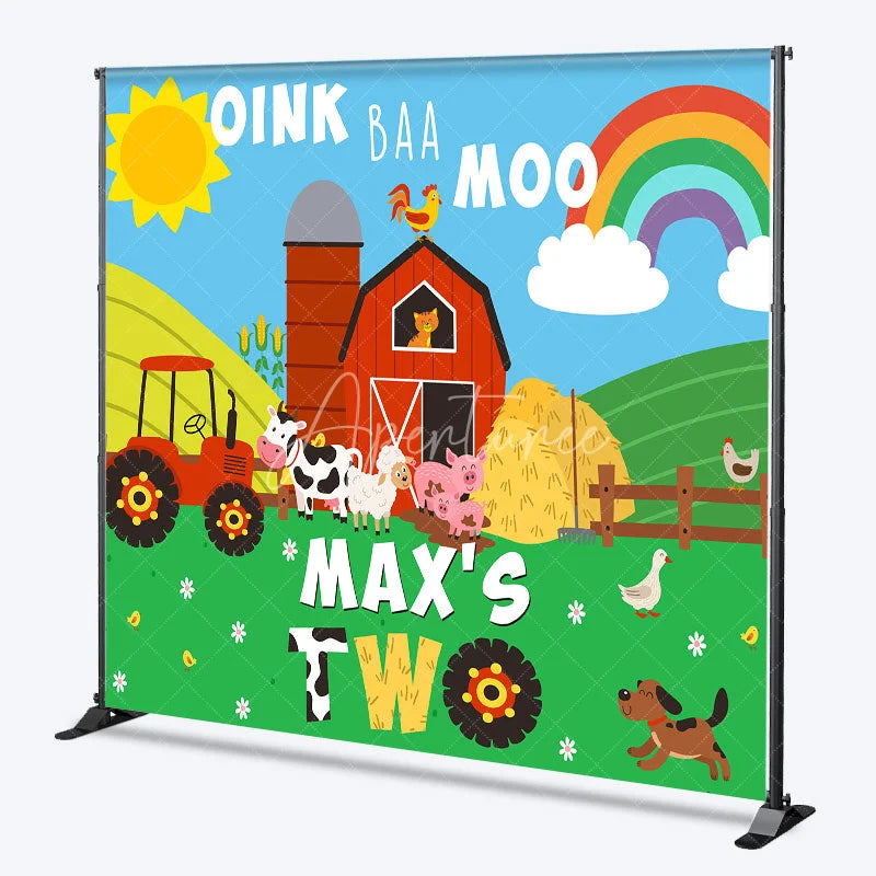 Aperturee - Aperturee Personalized Farm Barnyard Animals Custom Backdrop with Oink Baa Moo Second Birthday Party Decor