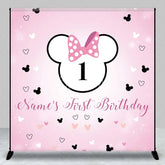 Aperturee - Aperturee Personalized First Birthday Backdrop Pink Polka Dot Mouse Ears and Bow Baby Girl 1st Birthday Background