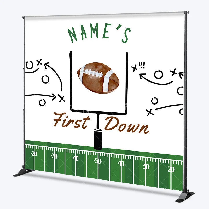 Aperturee - Aperturee Personalized First Down 1st Birthday Backdrop Football Field and Goal Post Sports Background Custom Name Boys Party