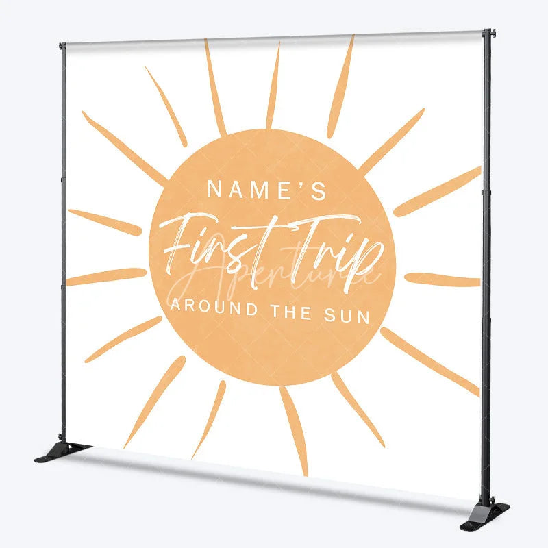 Aperturee - Aperturee Personalized First Trip Around The Sun Backdrop Custom Name Boho Sun 1st Birthday Party Banner