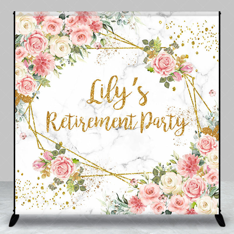 Aperturee - Aperturee Personalized Floral Retirement Party Backdrop Elegant Pink Rose and Gold Geometric Frame Custom Name on Marble Decor