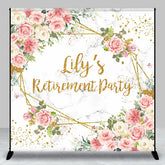 Aperturee - Aperturee Personalized Floral Retirement Party Backdrop Elegant Pink Rose and Gold Geometric Frame Custom Name on Marble Decor