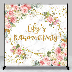 Aperturee - Aperturee Personalized Floral Retirement Party Backdrop Elegant Pink Rose and Gold Geometric Frame Custom Name on Marble Decor