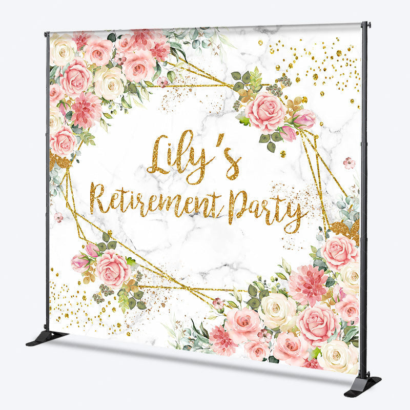 Aperturee - Aperturee Personalized Floral Retirement Party Backdrop Elegant Pink Rose and Gold Geometric Frame Custom Name on Marble Decor
