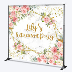 Aperturee - Aperturee Personalized Floral Retirement Party Backdrop Elegant Pink Rose and Gold Geometric Frame Custom Name on Marble Decor